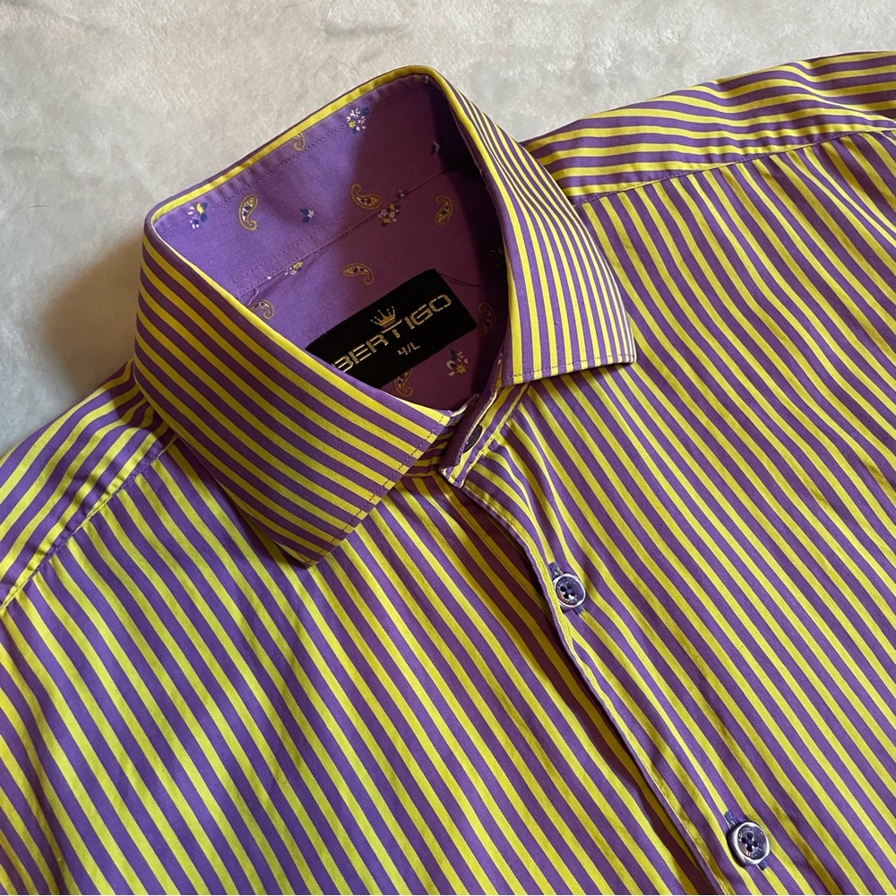 Bertigo Purple/Yellow Striped Flip Cuffs Button Front Shirt Mens Size 4 (Large)